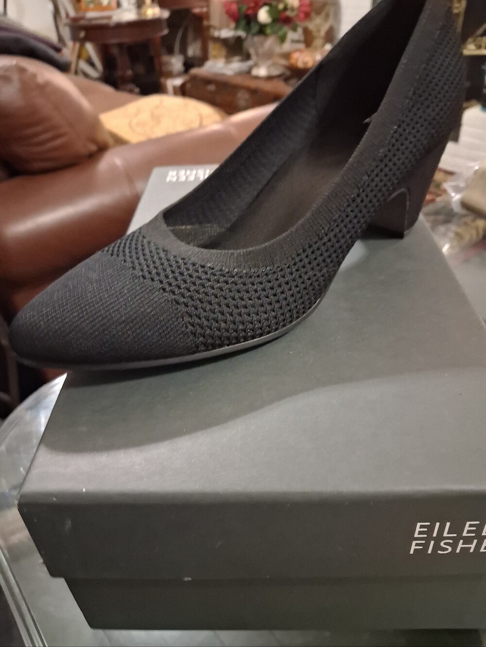 Eileen Fisher Black Knit Mid Block Heel Pump
